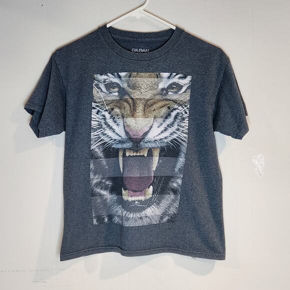 YOUTH XL Tiger Graphic T-shirt Gildan Pepper Gray Used - Picture 1 of 3